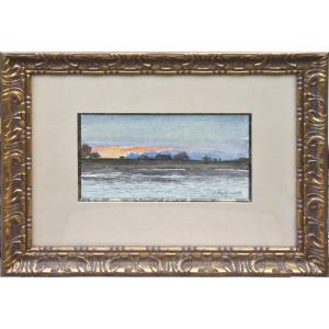 Ernest Designolle "lake At Sunset" Watercolor 13.5x23
